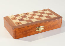 Load image into Gallery viewer, 7.5" Folding Pegged Golden Rosewood Chess Set in Leather Case