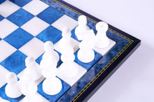 Load image into Gallery viewer, Blue & White Alabaster Chess Set with Wood Frame