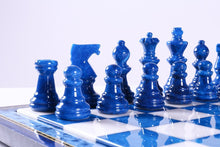 Load image into Gallery viewer, Blue & White Alabaster Chess Set with Wood Frame