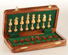 Load image into Gallery viewer, 10&quot; Folding Pegged Golden Rosewood Chess Set in Leather Case
