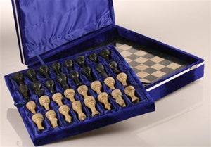 12" Coral Stone & Black Marble Chess Set with deluxe velvet box