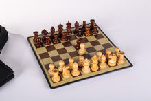Load image into Gallery viewer, 9" Milled Leather Travel Magnetic Chess Set with Wood Pieces
