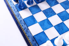 Load image into Gallery viewer, Blue &amp; White Alabaster Chess Set with Wood Frame
