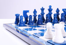 Load image into Gallery viewer, Blue &amp; White Alabaster Chess Set with Wood Frame
