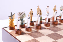 Load image into Gallery viewer, Pearl Harbor Chess Pieces on Walnut and Maple Chest
