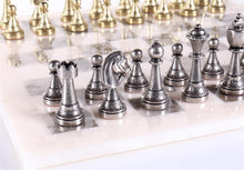 Load image into Gallery viewer, Staunton Metal Chess Men on Grey Alabaster Board
